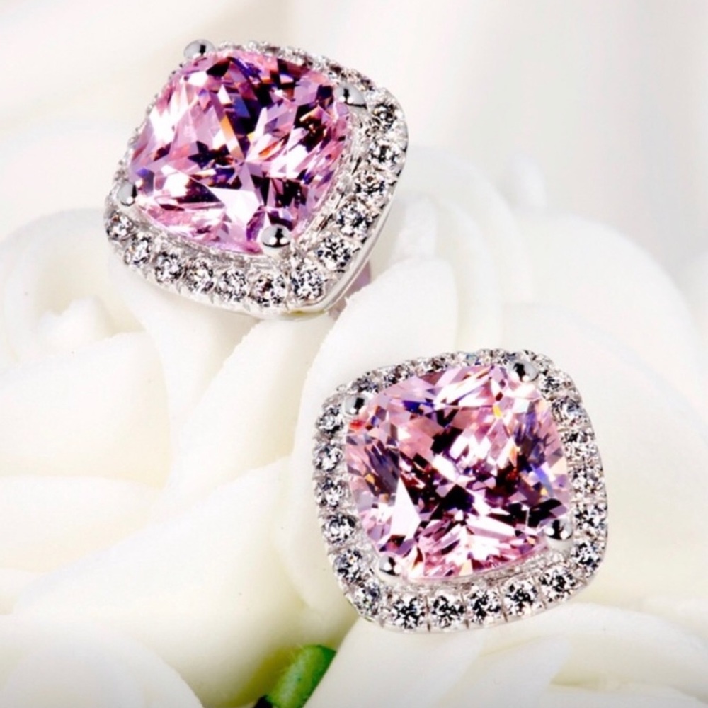 18k Pink Halo Princess 1-1/4 ct Earrings NEW - Picture 2 of 6